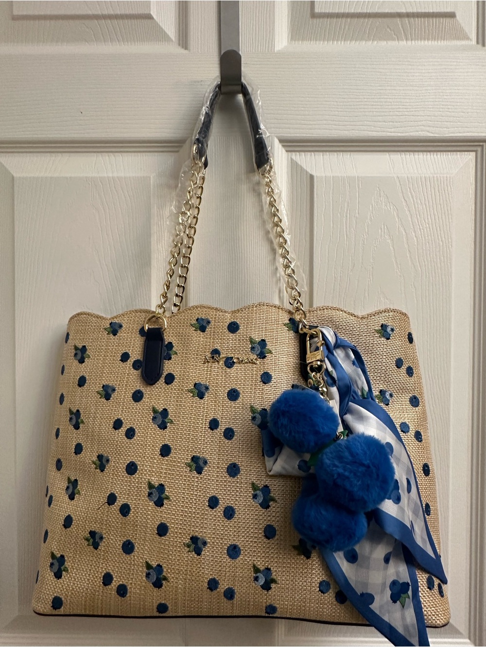 Betsey Johnson Tan Tote with Blue Floral Dots Design & Blue Pom Charm & Scarf - Picture 16 of 16